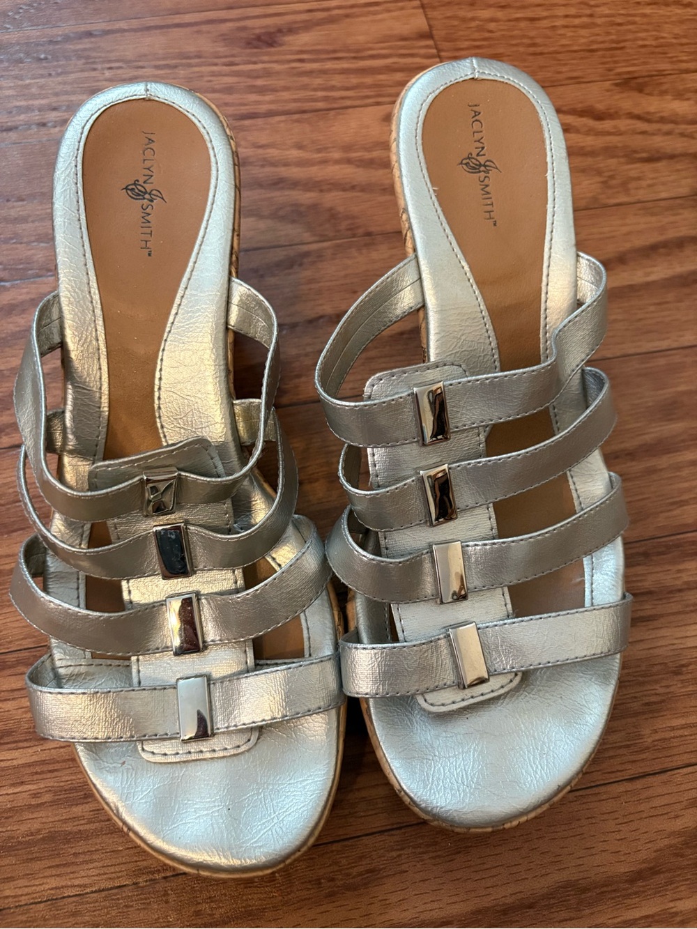 Jaclyn Smith Metallic Gold Strappy Cork Wedge Sandals